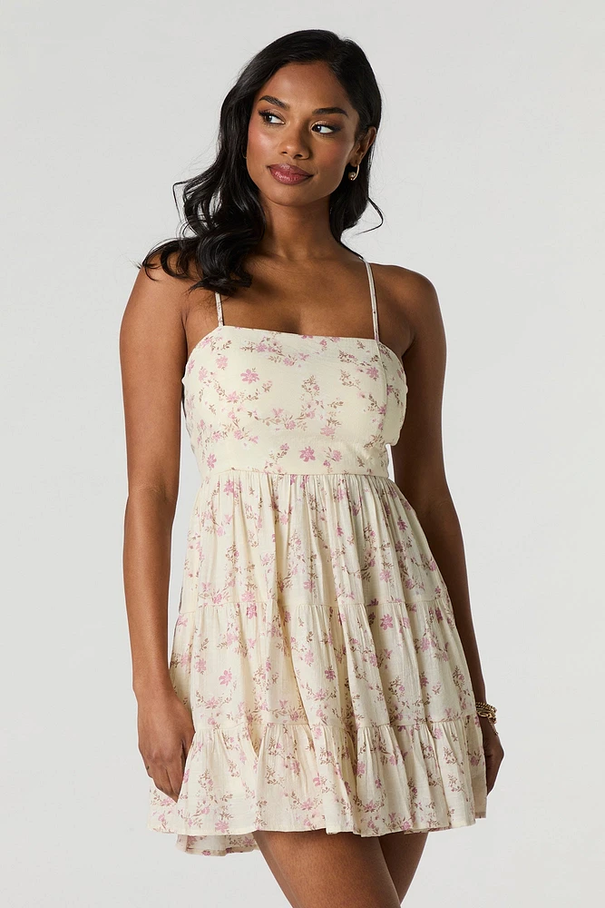 Tie Back Tiered Mini Dress with Built-In Cups