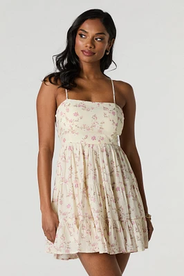 Tie Back Tiered Mini Dress with Built-In Cups