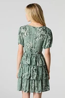 Floral Smocked Puff Sleeve Tiered Mini Dress