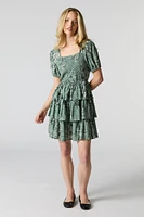 Floral Smocked Puff Sleeve Tiered Mini Dress