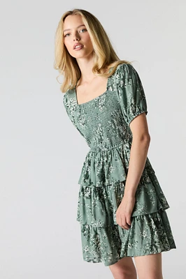 Floral Smocked Puff Sleeve Tiered Mini Dress