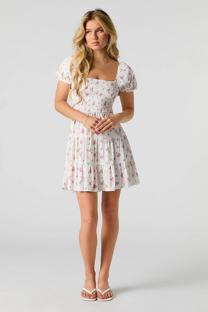 Floral Puff Sleeve Tiered Mini Dress