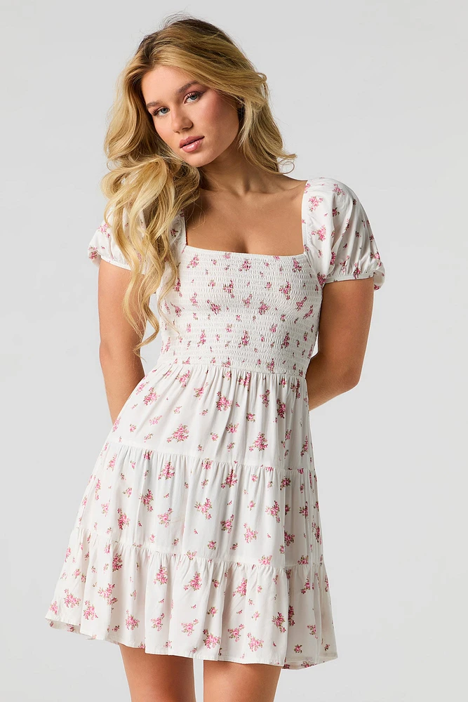 Floral Puff Sleeve Tiered Mini Dress