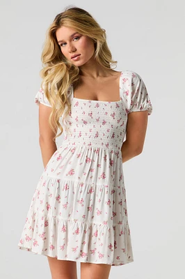 Floral Puff Sleeve Tiered Mini Dress