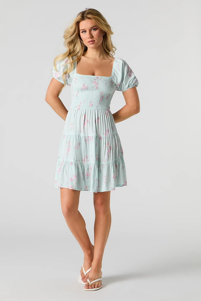Floral Puff Sleeve Tiered Mini Dress