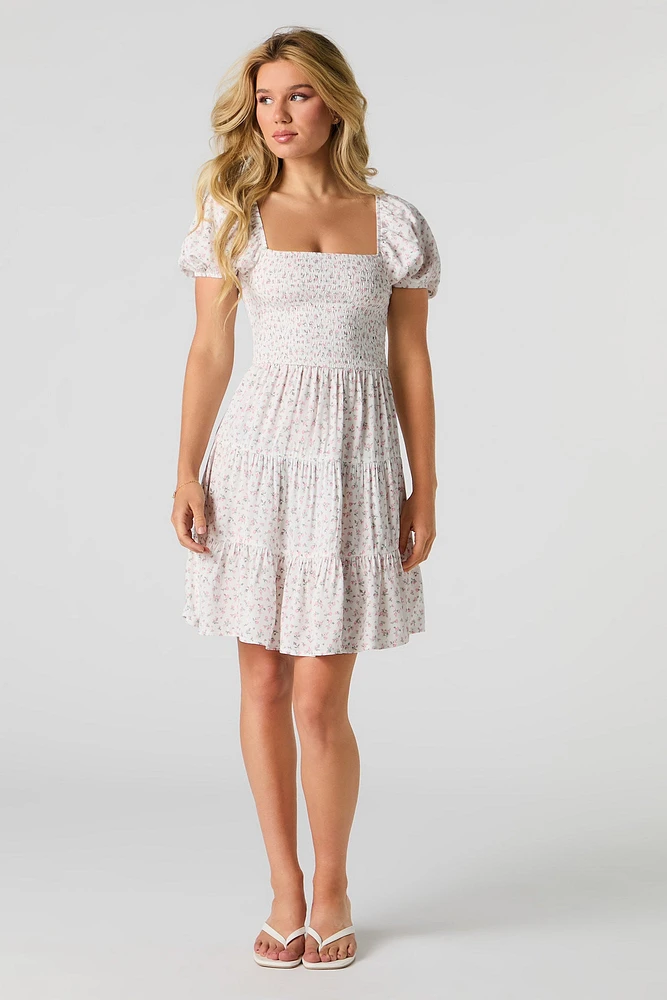 Floral Puff Sleeve Tiered Mini Dress