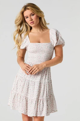 Floral Puff Sleeve Tiered Mini Dress