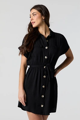 Button-Up Belted Short Sleeve Mini Dress
