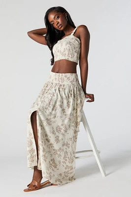 White Floral Buttoned Maxi Skirt