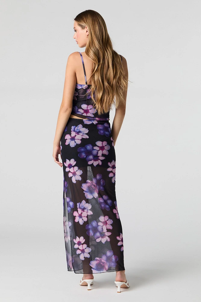Floral Mesh Slit Maxi Skirt
