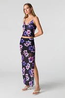Floral Mesh Slit Maxi Skirt