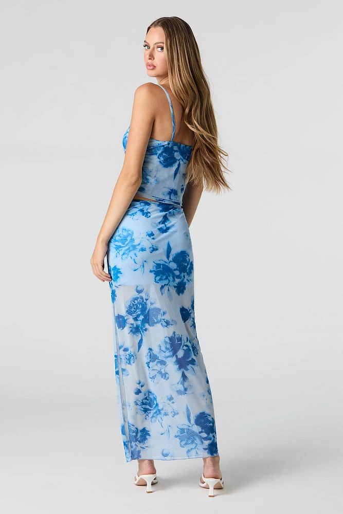 Floral Mesh Slit Maxi Skirt