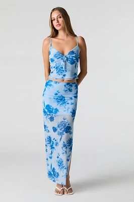 Floral Mesh Slit Maxi Skirt