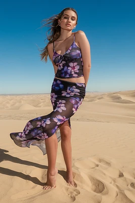 Floral Mesh Slit Maxi Skirt