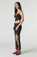 Mesh Ruffle Slit Midi Skirt
