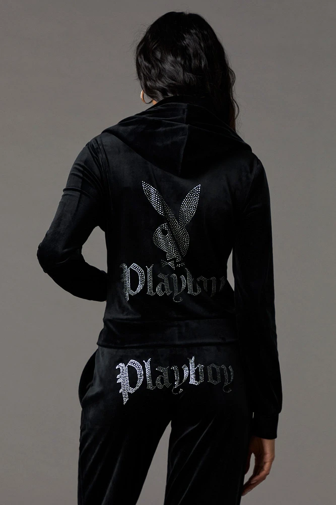 Playboy Rhinestone Velour Zip-Up Hoodie