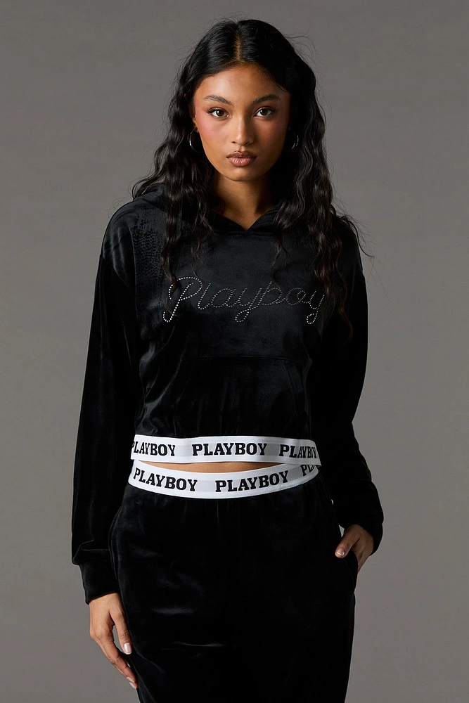 Playboy Rhinestone Velour Cropped Hoodie