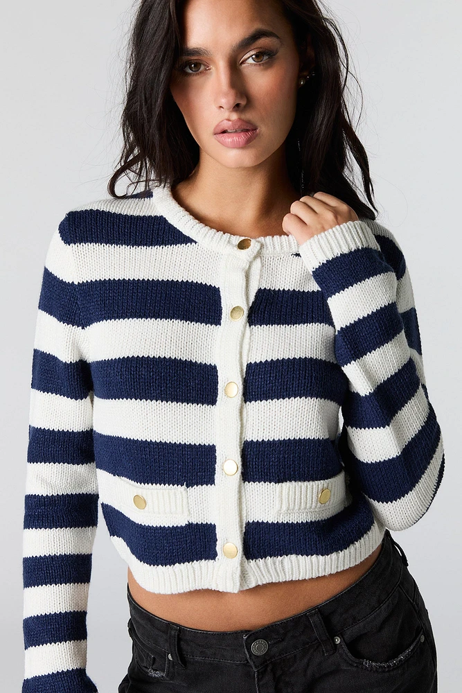 Cardigan rayé boutonné en tricot côtel