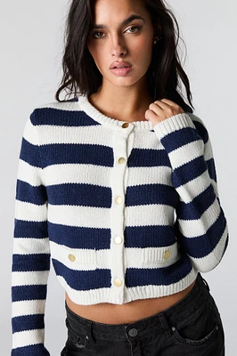 Cardigan rayé boutonné en tricot côtel