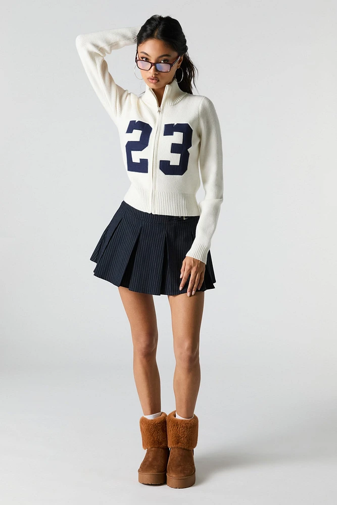 Number Embroidered Zip-Up Sweater