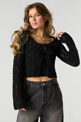 Open Knit Tie Front Flyaway Sweater