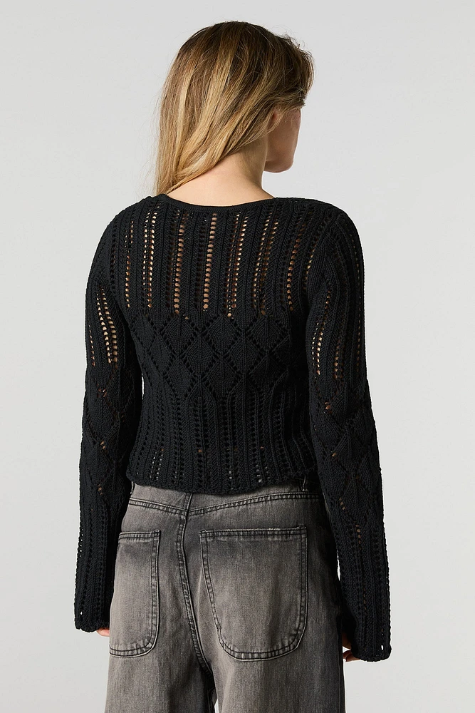Open Knit Tie Front Flyaway Sweater