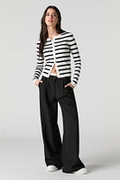 Striped Ribbed Knit Button-Up Cardigan Sweater