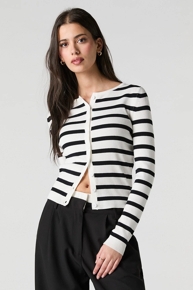 Striped Ribbed Knit Button-Up Cardigan Sweater