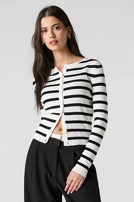 Striped Ribbed Knit Button-Up Cardigan Sweater