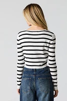 Striped Ribbed Knit Button Front Cardigan