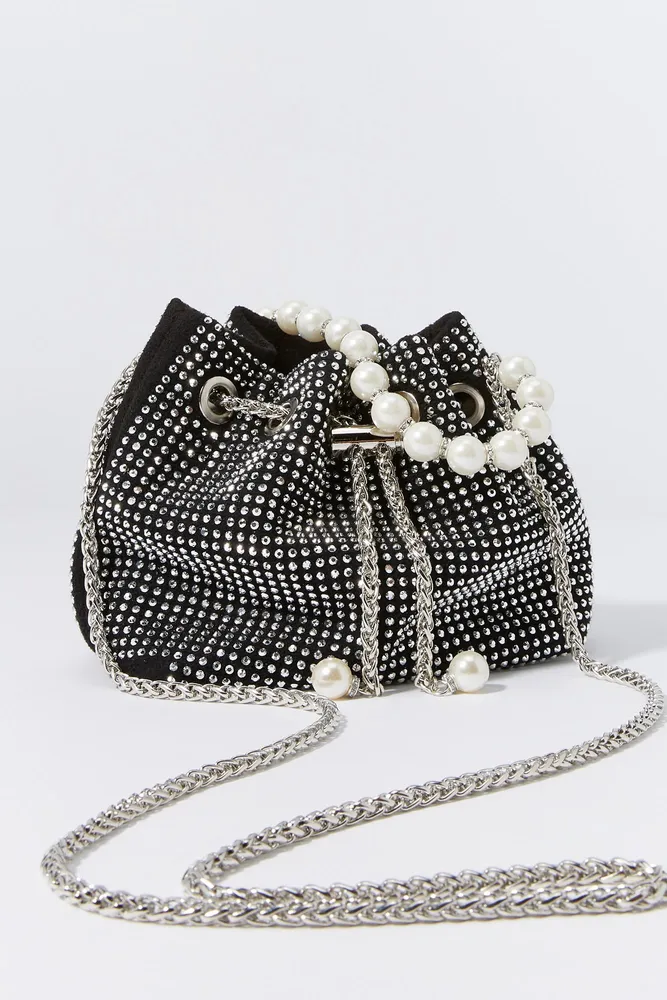 Rhinestone Faux Pearl Handle Bucket Bag