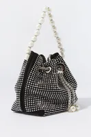 Rhinestone Faux Pearl Handle Bucket Bag