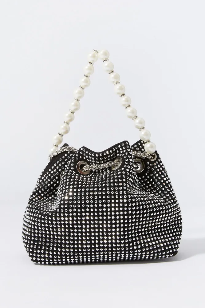 Rhinestone Faux Pearl Handle Bucket Bag