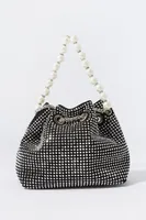 Rhinestone Faux Pearl Handle Bucket Bag