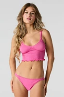 Ensemble deux pièces camisole côtelée sans couture à brodure en dentelle et culotte tanga