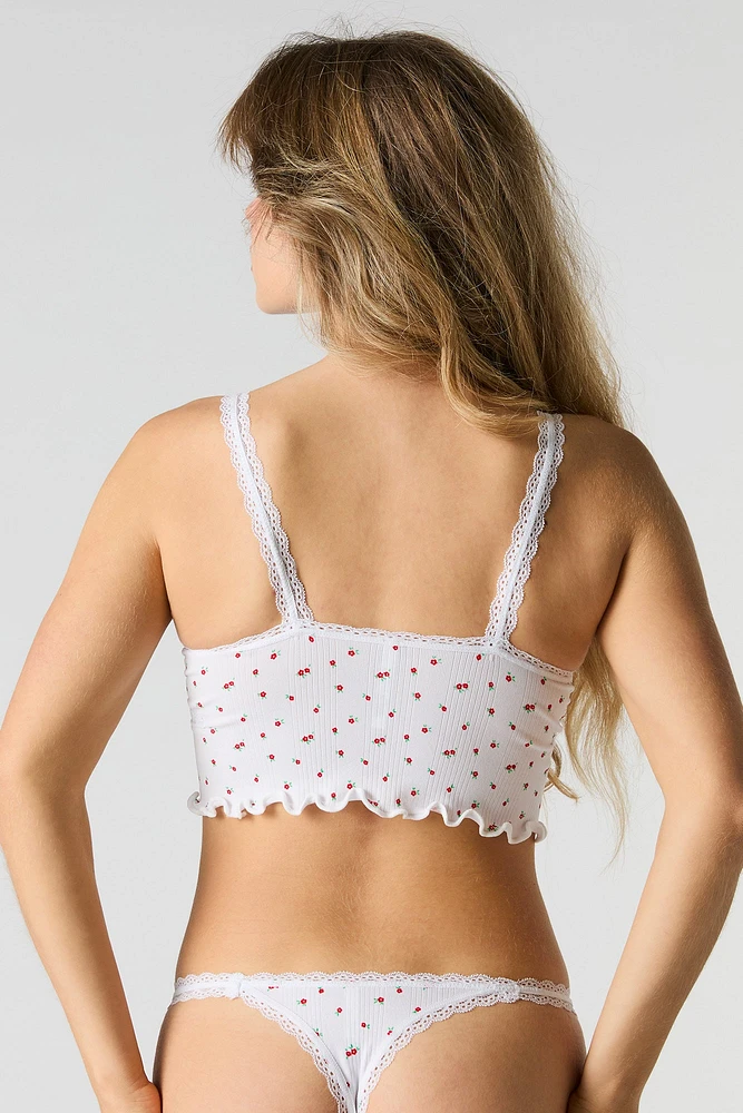 Ensemble deux pièces camisole côtelée sans couture à brodure en dentelle et culotte tanga