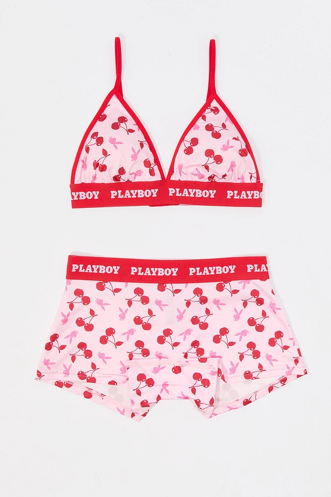 Playboy Print Triangle Bralette & Boy Short 2 Piece Set