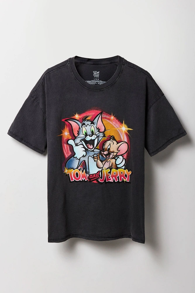 T-shirt de coupe garçonne délavé à imprimé Tom and Jerry