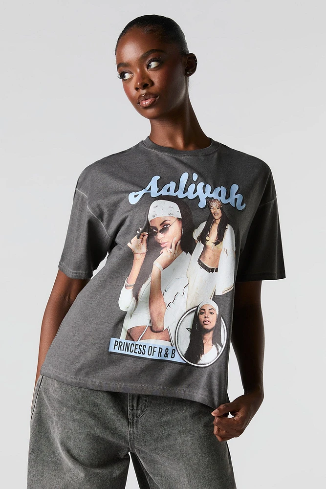 T-shirt de coupe garçonne délavé à imprimé Aaliyah