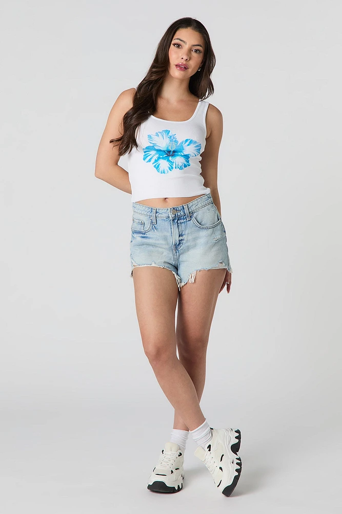 Blue Hibiscus Graphic Ribbed Tank