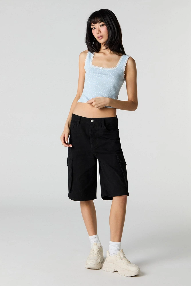 Square Neck Lace Trim Rosette Tank