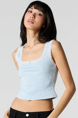 Square Neck Lace Trim Rosette Tank