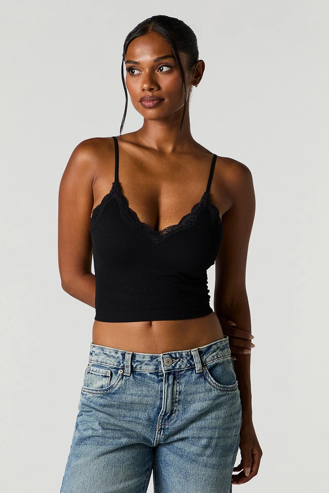 Seamless Ribbed Lace Trim Cami with Built-In Bra Cups