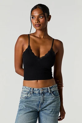 Seamless Ribbed Lace Trim Cami with Built-In Bra Cups