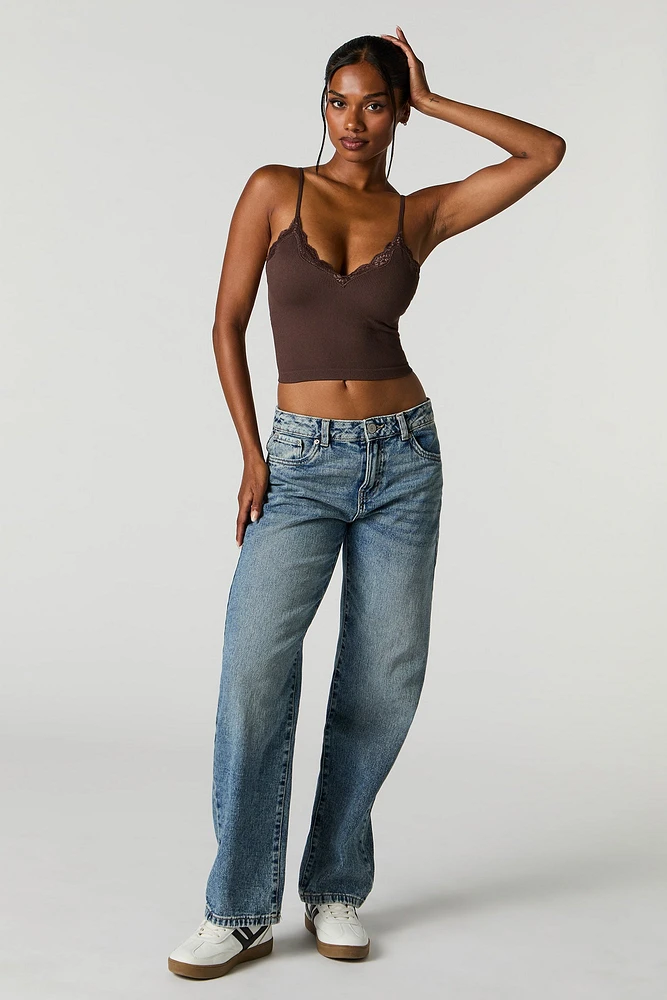 Seamless Ribbed Lace Trim Cami with Built-In Bra Cups
