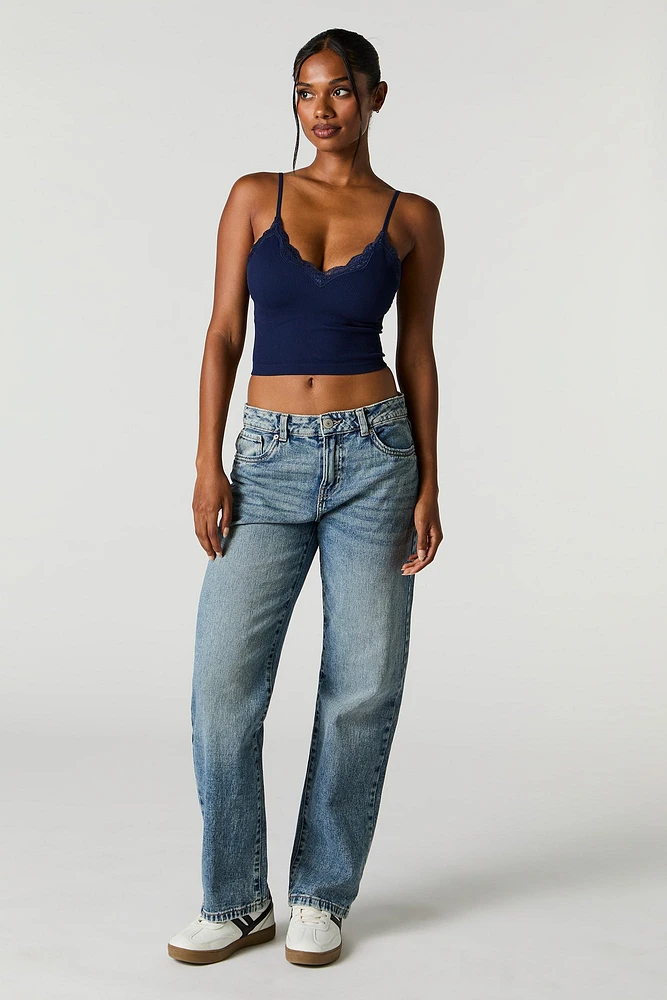 Seamless Ribbed Lace Trim Cami with Built-In Bra Cups