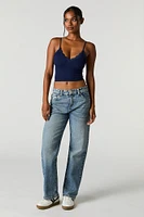 Seamless Ribbed Lace Trim Cami with Built-In Bra Cups