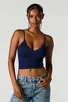 Seamless Ribbed Lace Trim Cami with Built-In Bra Cups