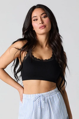 Seamless Ribbed Lace Trim Bralette with Built-In Cups