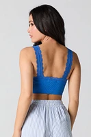 Seamless Ribbed Lace Trim Bralette with Built-In Cups
